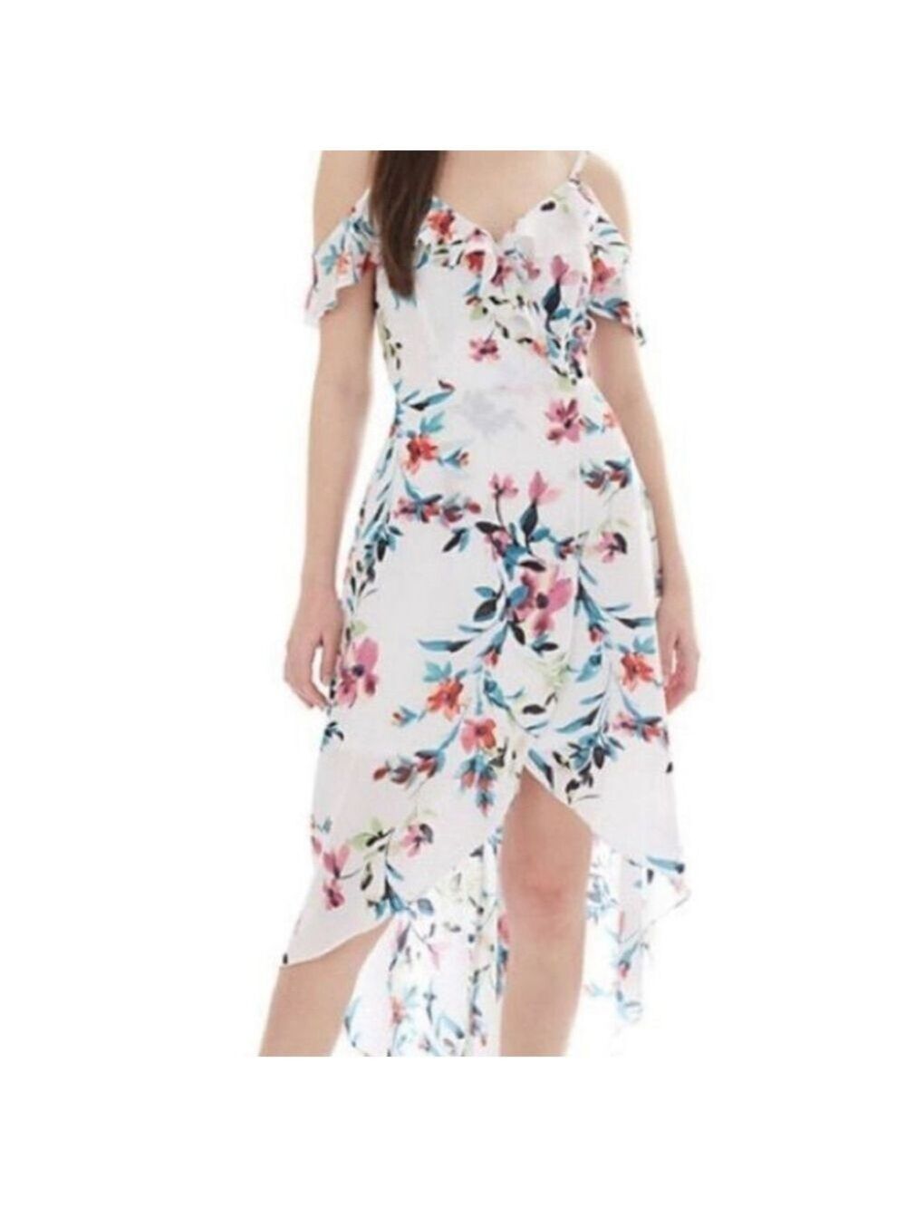 Women's IZ BYER High Low Cold Shoulder Floral Dress XS White Multi
